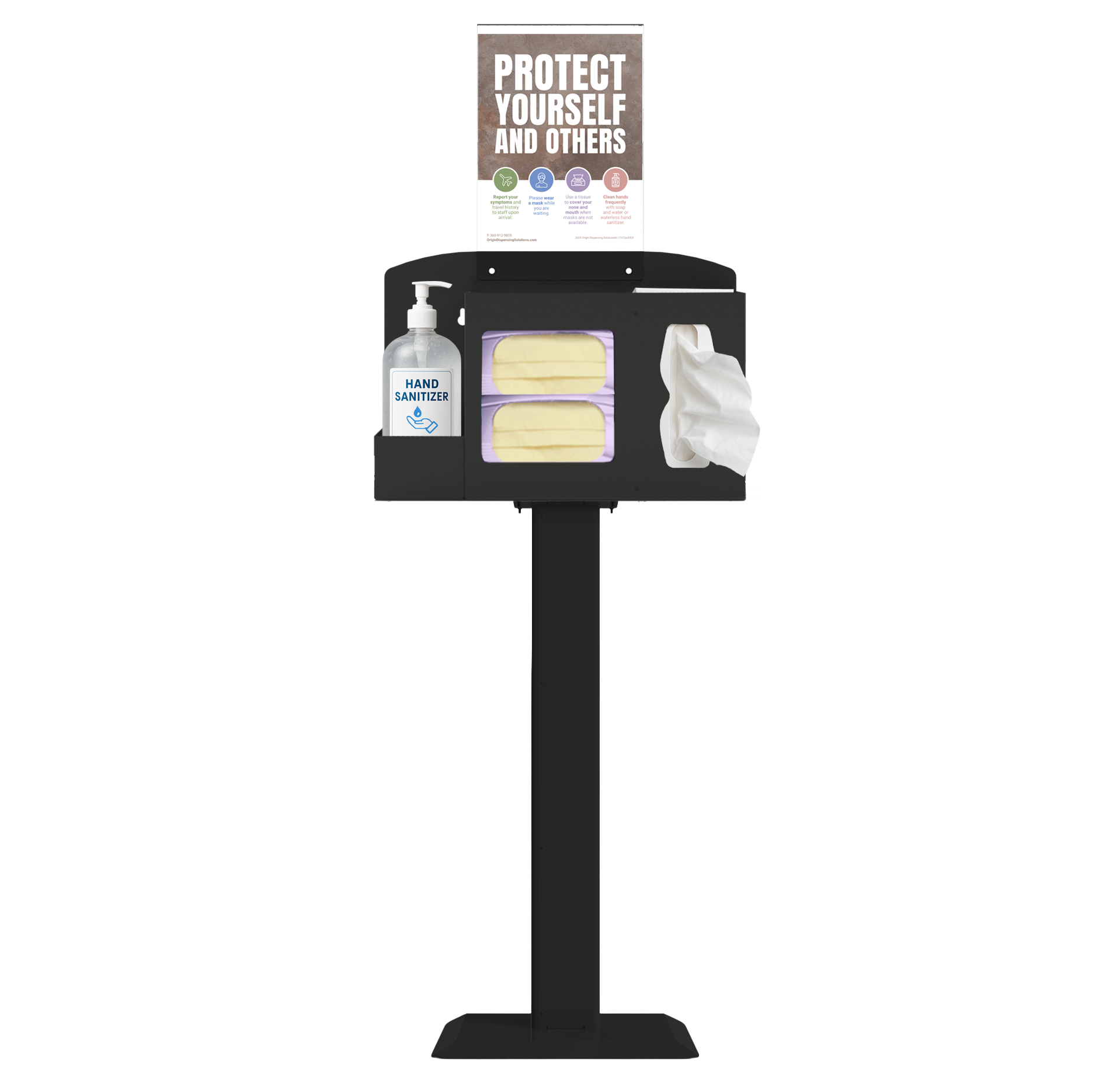 Respiratory Hygiene Station with masks, tissues, hand sanitizer bottle, sign with protect yourself and others on a stand. black metal.