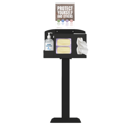 Respiratory Hygiene Station with masks, tissues, hand sanitizer bottle, sign with protect yourself and others on a stand. black metal.