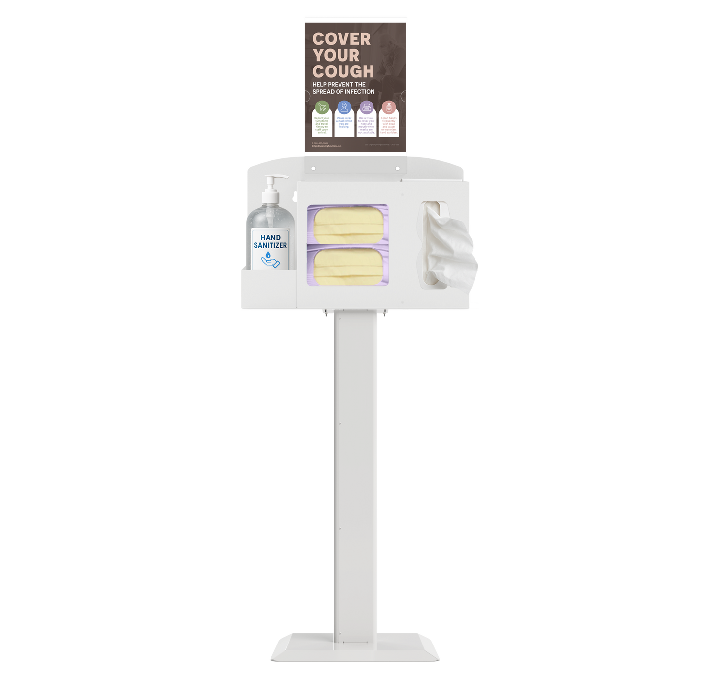 Respiratory Hygiene Station with masks, tissues, hand sanitizer bottle, sign with "Cover Your Cough" sign on a stand. white metal.
