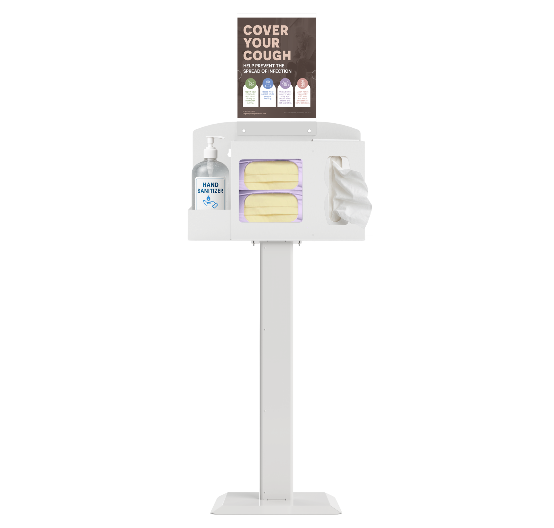 Respiratory Hygiene Station with masks, tissues, hand sanitizer bottle, sign with "Cover Your Cough" sign on a stand. white metal.