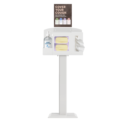Respiratory Hygiene Station with masks, tissues, hand sanitizer bottle, sign with "Cover Your Cough" sign on a stand. white metal.