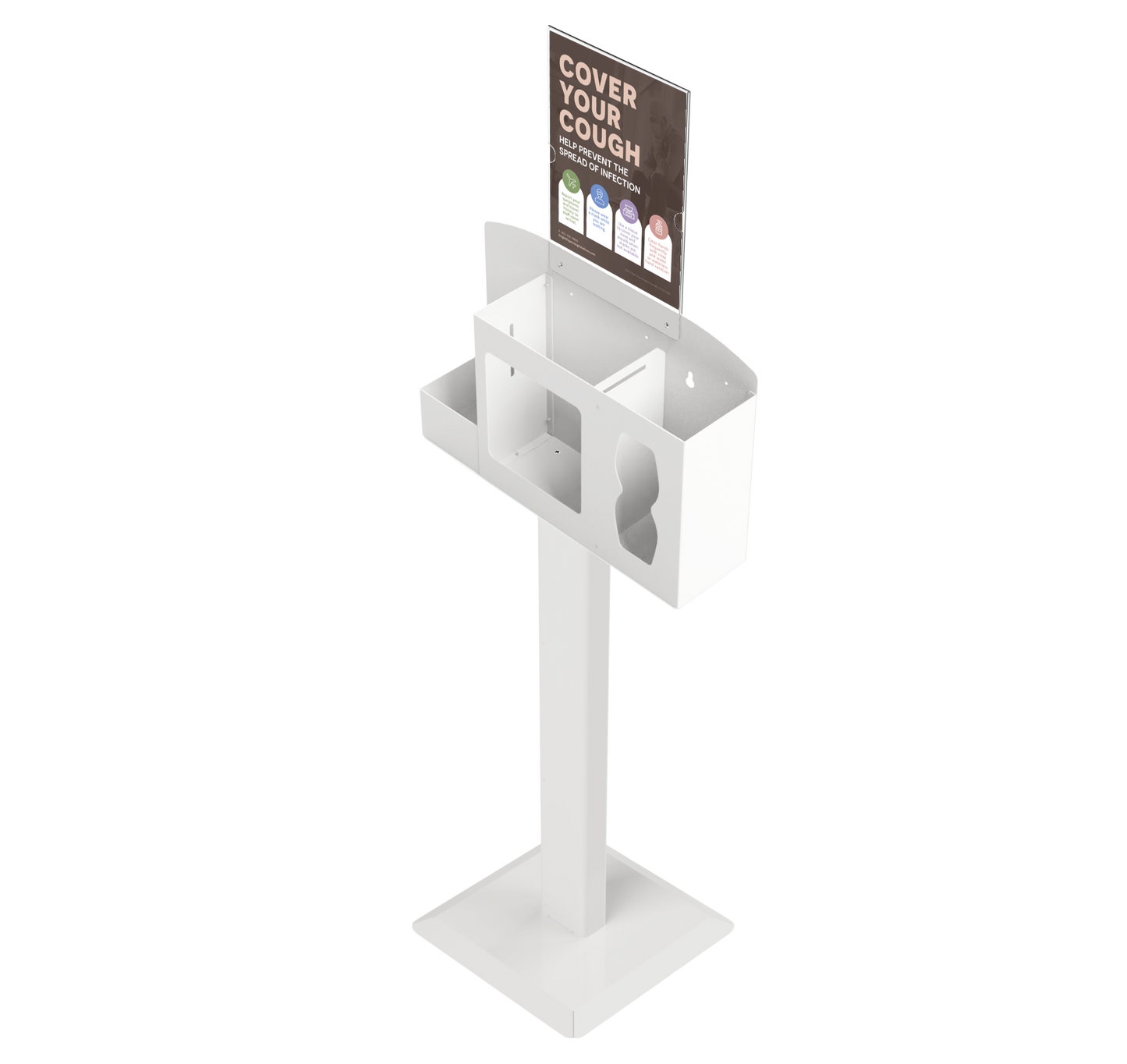 Respiratory Hygiene Station, empty with sign with "Cover Your Cough" sign on a stand. white metal. angled slightly left.