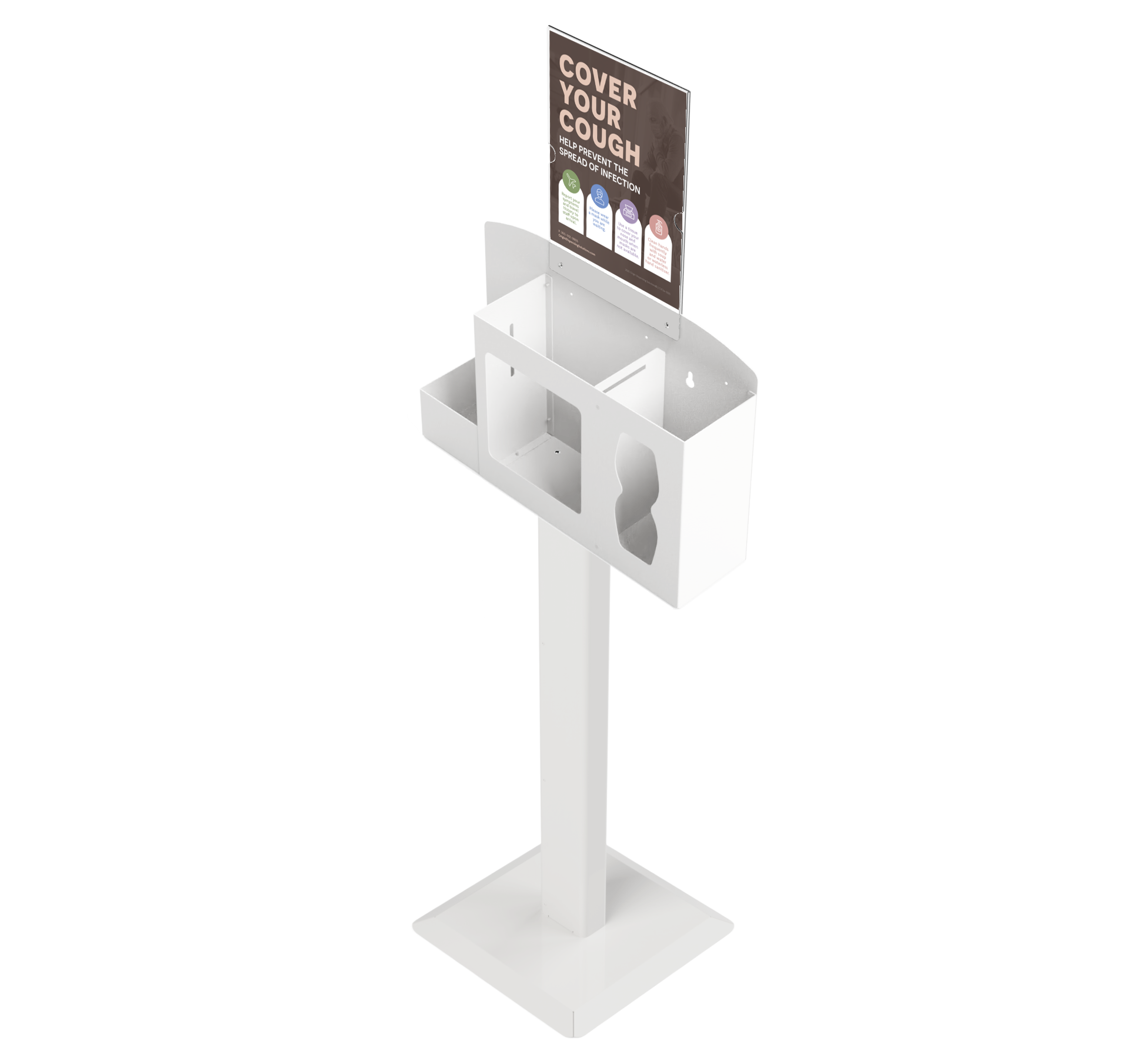 Respiratory Hygiene Station, empty with sign with "Cover Your Cough" sign on a stand. white metal. angled slightly left.