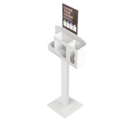 Respiratory Hygiene Station, empty with sign with "Cover Your Cough" sign on a stand. white metal. angled slightly left.