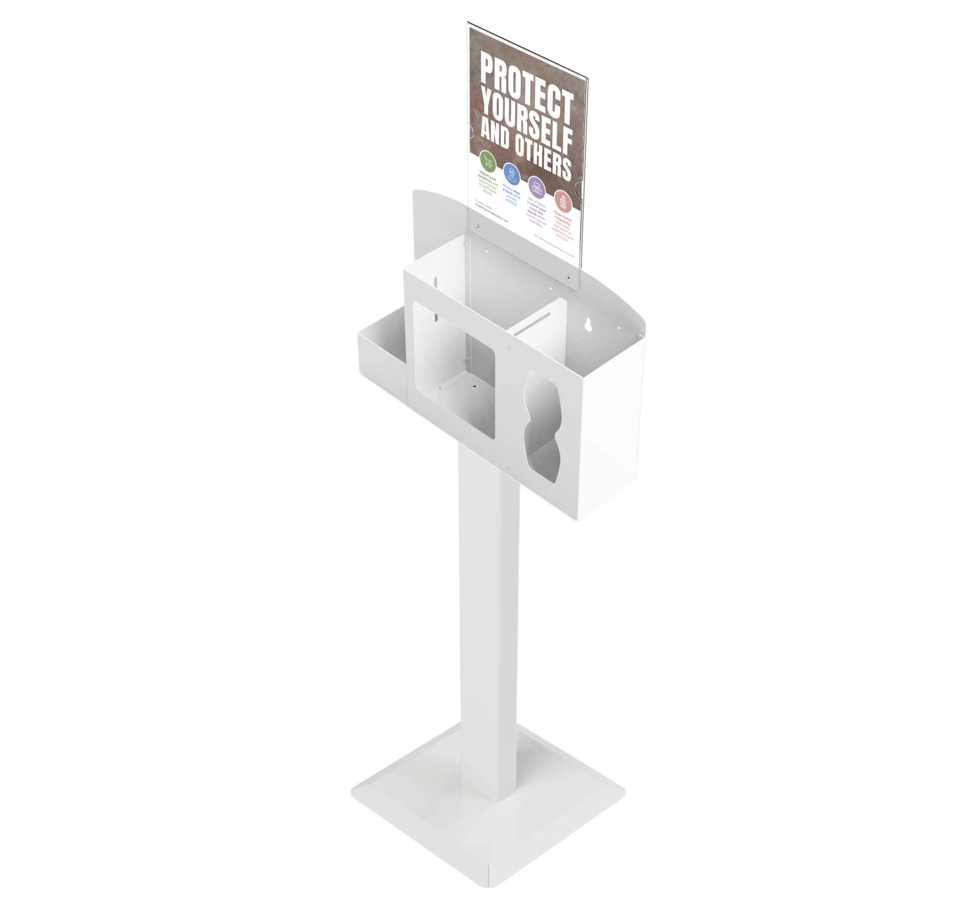 Respiratory Hygiene Station empty, with  sign holder with "Protect Yourself and Others" sign on a stand. White metal. angled slightly left.