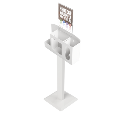 Respiratory Hygiene Station empty, with  sign holder with "Protect Yourself and Others" sign on a stand. White metal. angled slightly left.