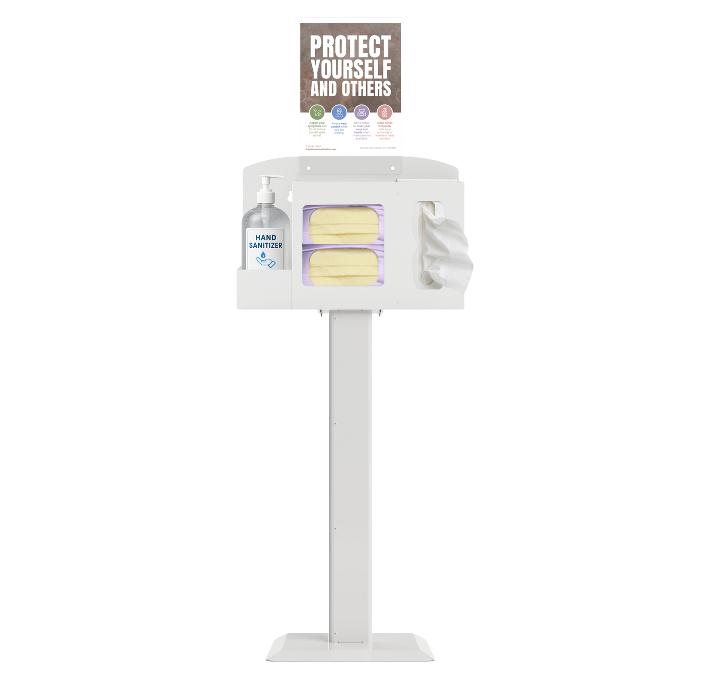 Respiratory Hygiene Station with masks, tissues, hand sanitizer bottle, sign with protect yourself and others on a stand. white metal.