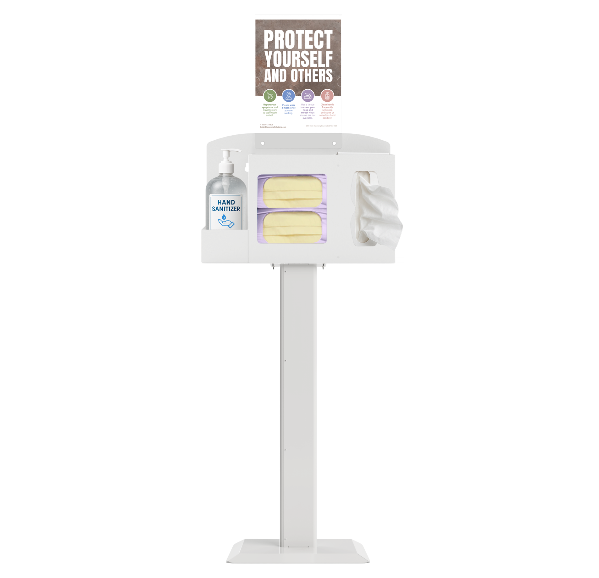 Respiratory Hygiene Station with masks, tissues, hand sanitizer bottle, sign with protect yourself and others on a stand. white metal.