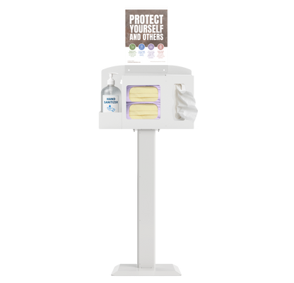 Respiratory Hygiene Station with masks, tissues, hand sanitizer bottle, sign with protect yourself and others on a stand. white metal.