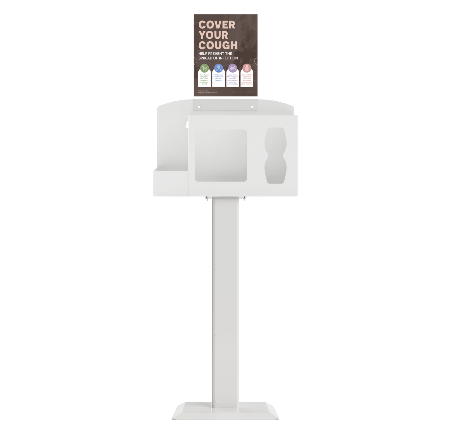 Respiratory Hygiene Station, empty with sign with "Cover Your Cough" sign on a stand. white metal.