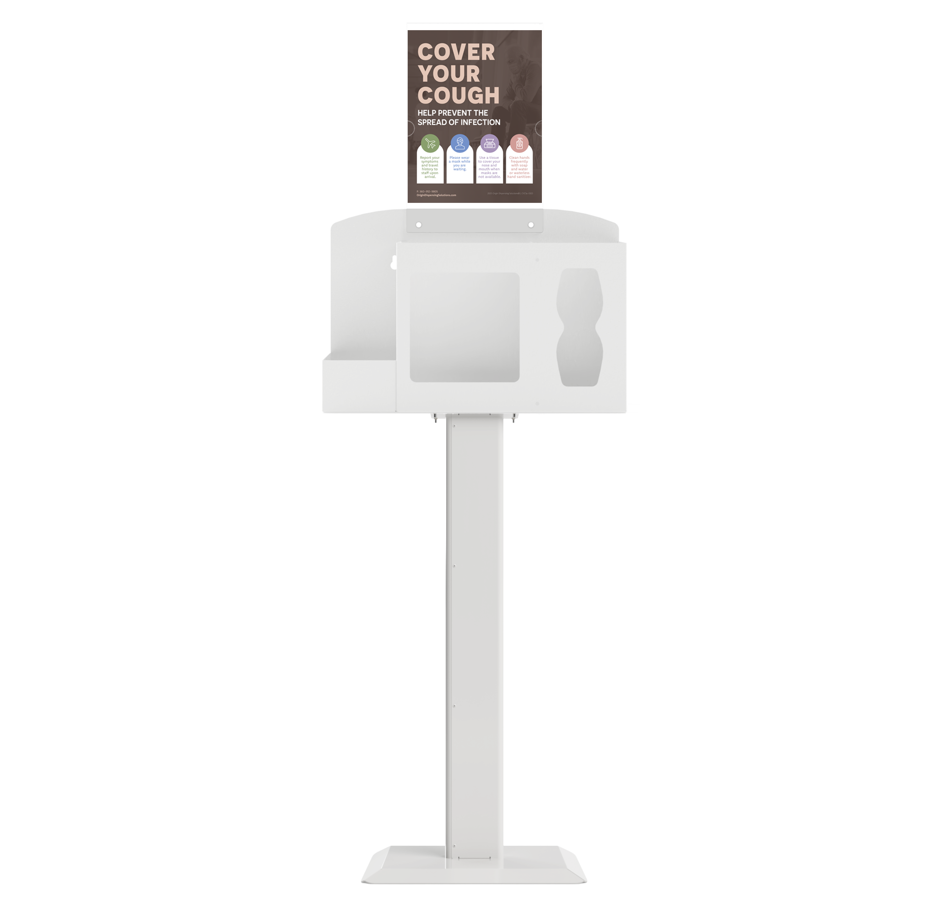 Respiratory Hygiene Station, empty with sign with "Cover Your Cough" sign on a stand. white metal.