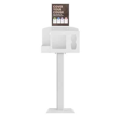 Respiratory Hygiene Station, empty with sign with "Cover Your Cough" sign on a stand. white metal.