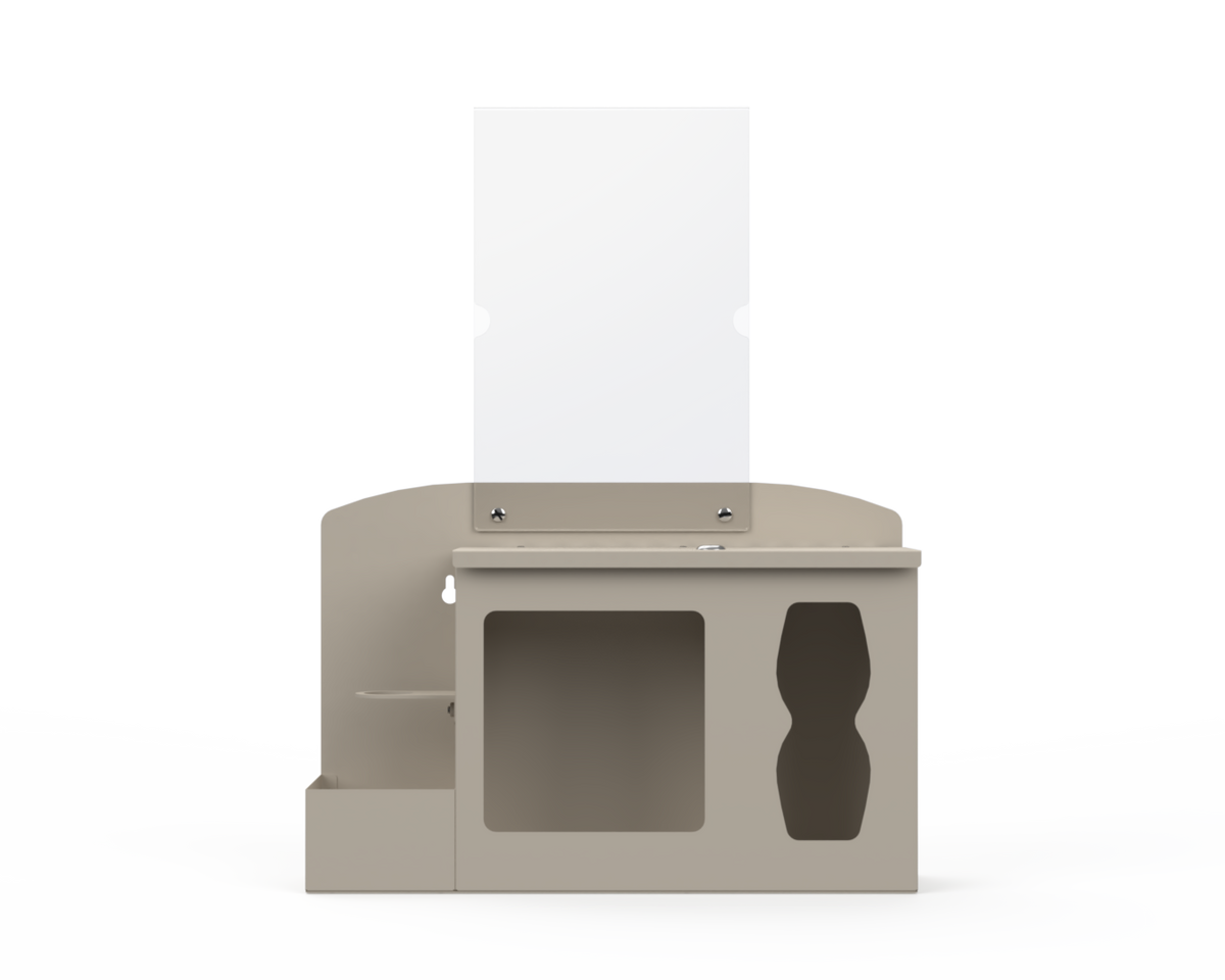 Beige respiratory hygiene station with sign holder with 3 segments. Left-locking bottle area, middle mask section, right tissue section. Front Facing. Empty