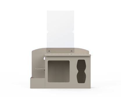 Beige respiratory hygiene station with sign holder with 3 segments. Left-locking bottle area, middle mask section, right tissue section. Front Facing. Empty
