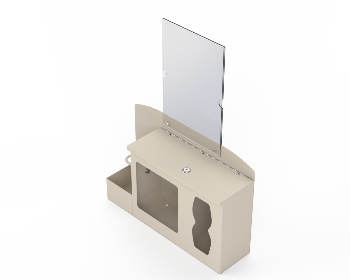 Beige respiratory hygiene station with sign holder with 3 segments. Left-locking bottle area, middle mask section, right tissue section. Front Facing slightly left. Empty
