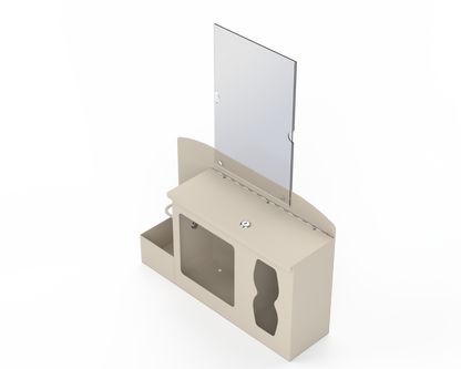 Beige respiratory hygiene station with sign holder with 3 segments. Left-locking bottle area, middle mask section, right tissue section. Front Facing slightly left. Empty
