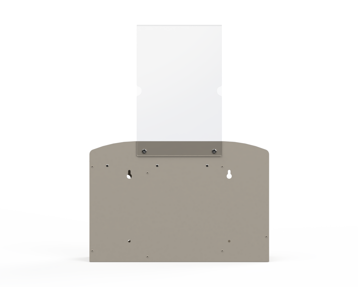Beige respiratory hygiene station with sign holder Back Facing showing 4 keyholes. Empty