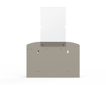 Beige respiratory hygiene station with sign holder Back Facing showing 4 keyholes. Empty