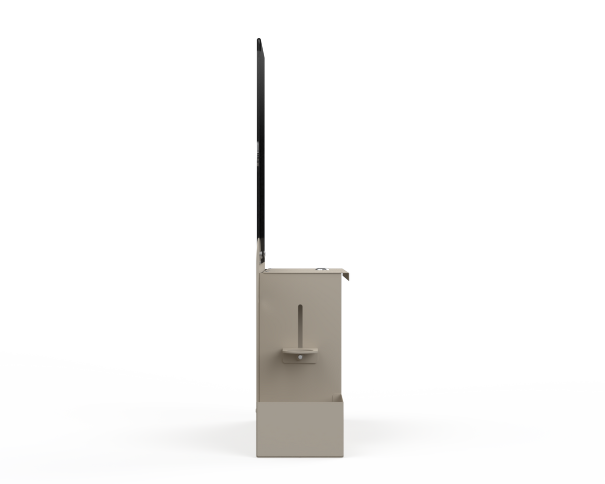 Beige respiratory hygiene station with sign holder with 3 segments. Left-locking bottle area,  left side Facing. Empty