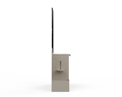 Beige respiratory hygiene station with sign holder with 3 segments. Left-locking bottle area,  left side Facing. Empty