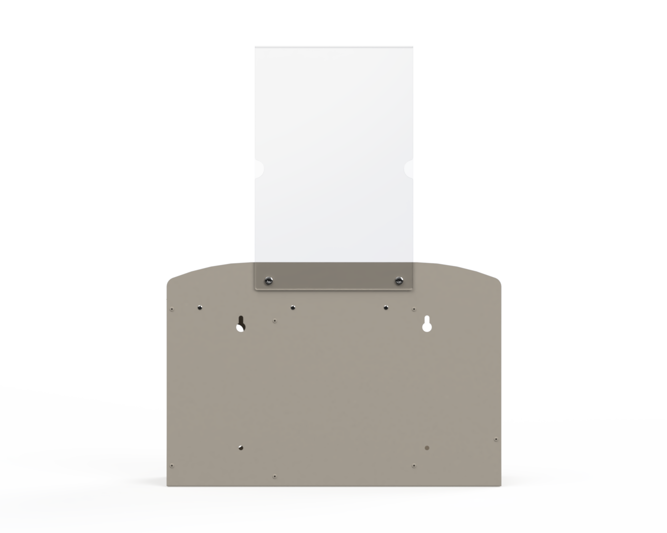 Beige respiratory hygiene station with sign holder Back Facing showing 4 keyholes. Empty