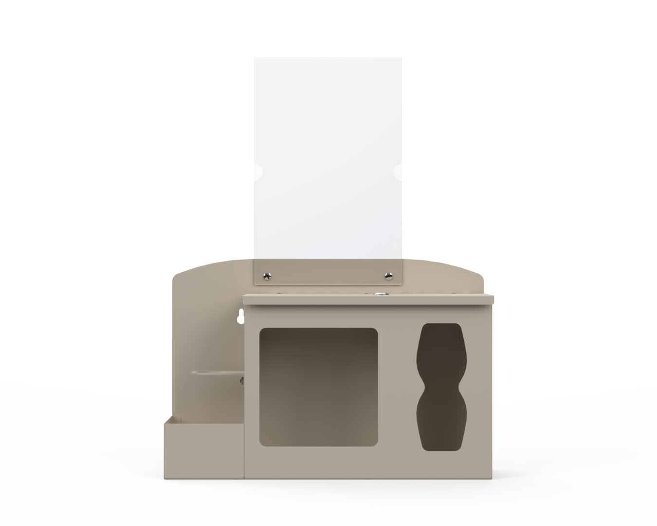 Beige respiratory hygiene station with sign holder with 3 segments. Left-locking bottle area, middle mask section, right tissue section. Front Facing. Empty