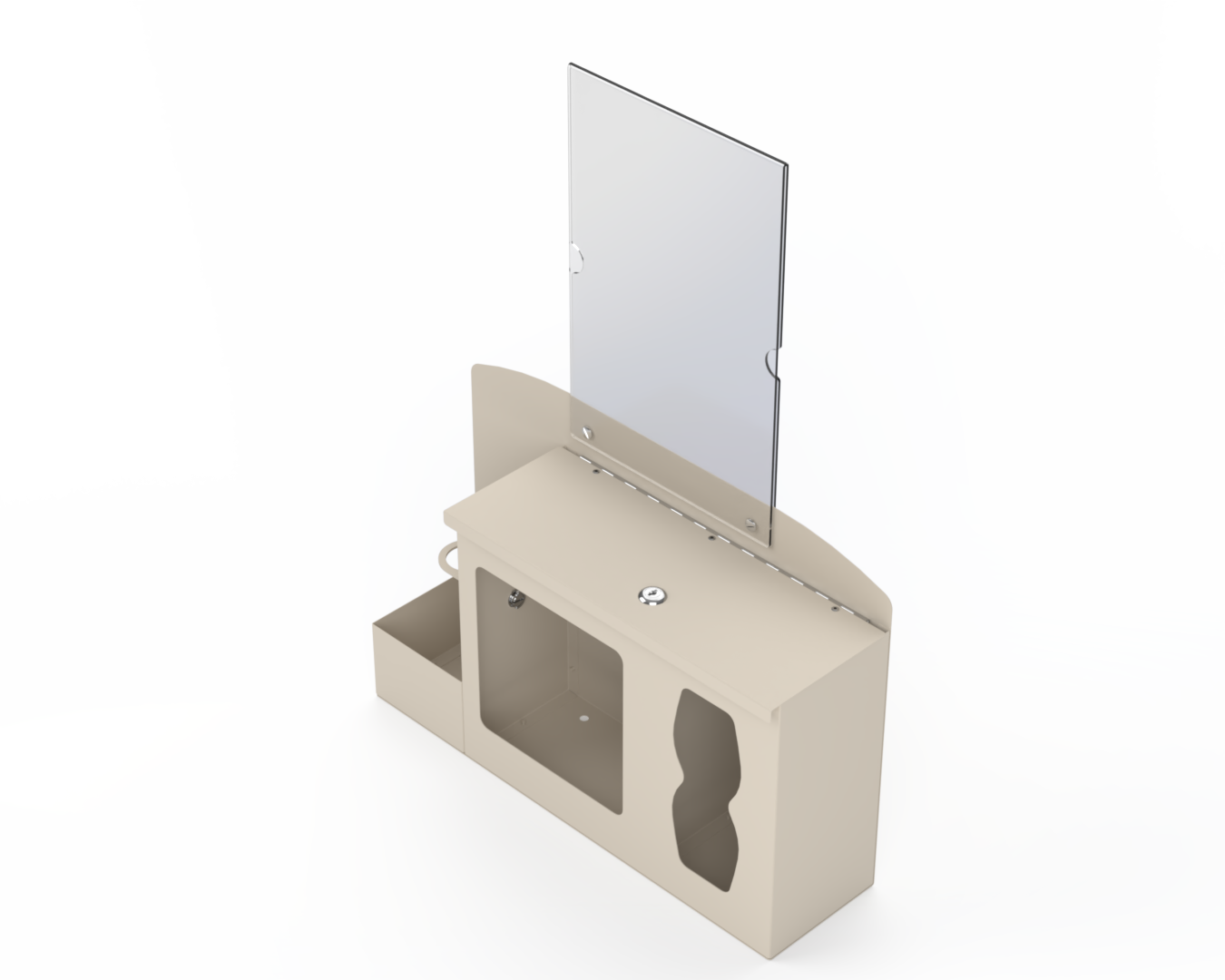 Beige respiratory hygiene station with sign holder with 3 segments. Left-locking bottle area, middle mask section, right tissue section. Front Facing slightly left. Empty