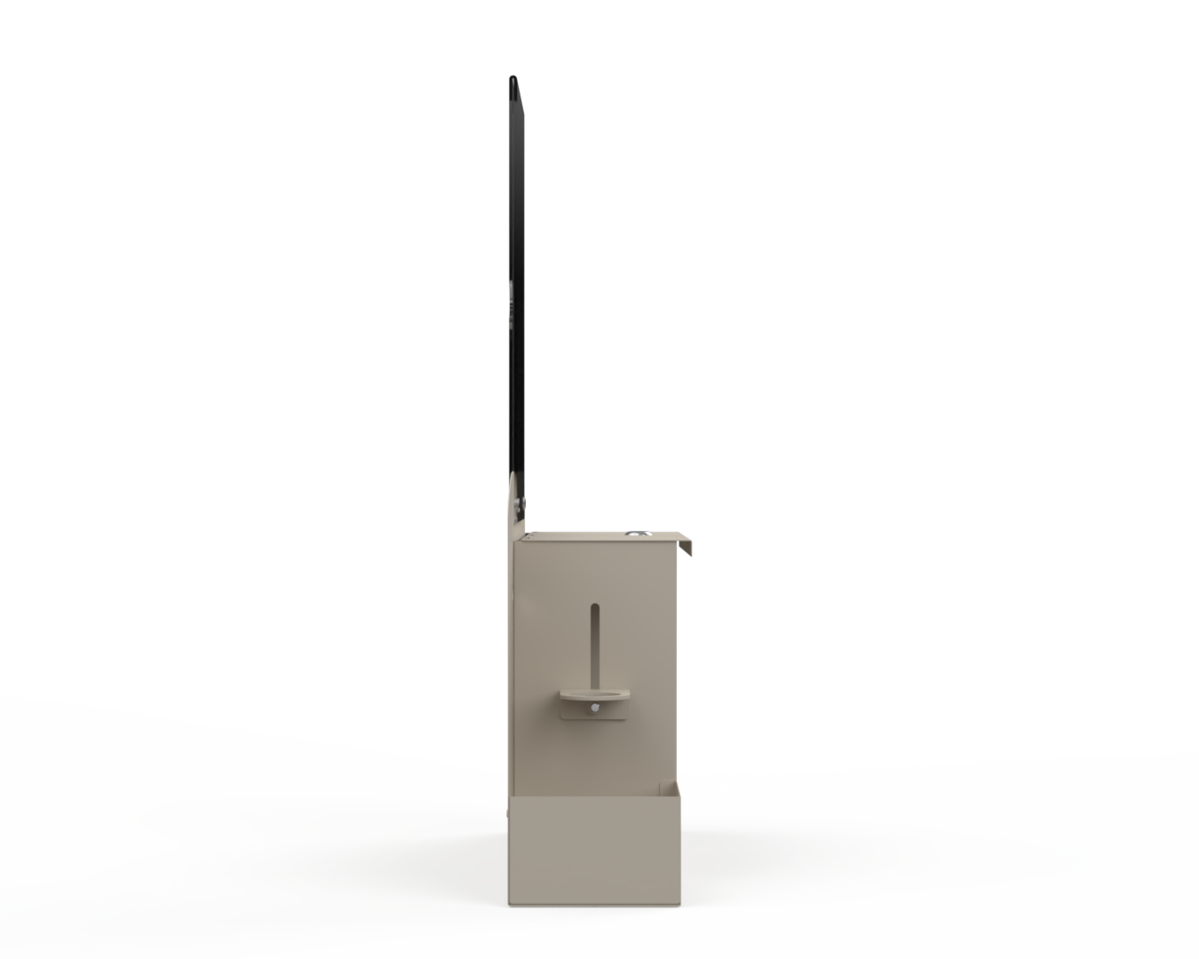 Beige respiratory hygiene station with sign holder with 3 segments. Left-locking bottle area,  left side Facing. Empty