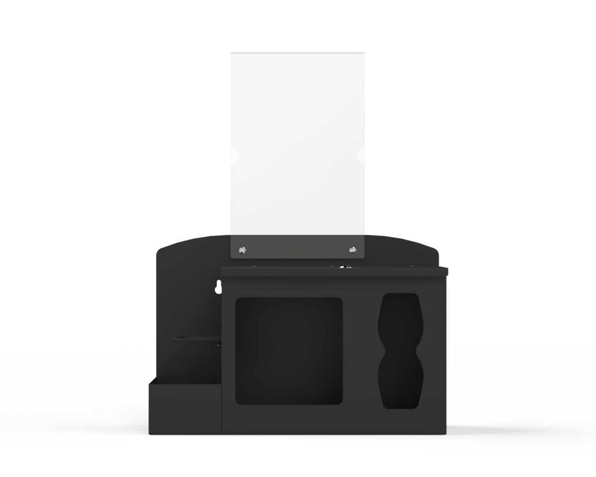 Black respiratory hygiene station with sign holder with 3 segments. left-locking bottle area, middle mask section, right tissue section. Front Facing. Empty