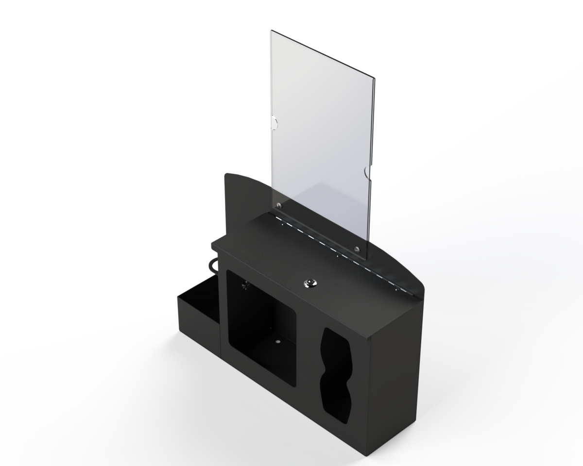 Black respiratory hygiene station with sign holder with 3 segments. left-locking bottle area, middle mask section, right tissue section. Front Facing angled to the left. Empty. 