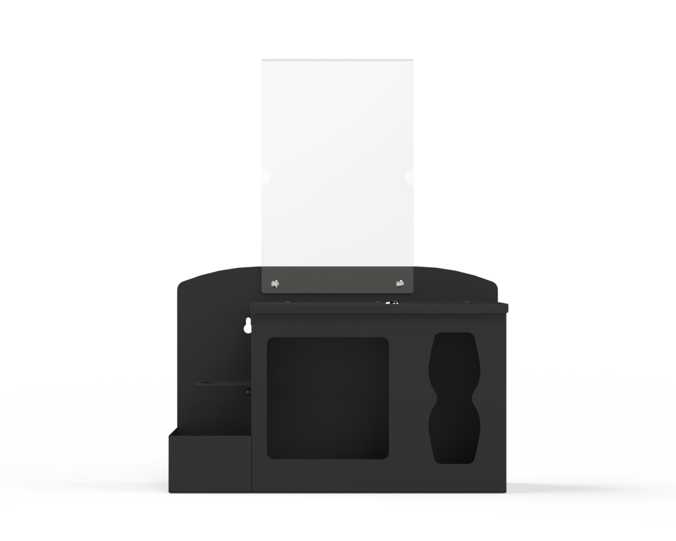 Black respiratory hygiene station with sign holder with 3 segments. left-locking bottle area, middle mask section, right tissue section. Front Facing. Empty