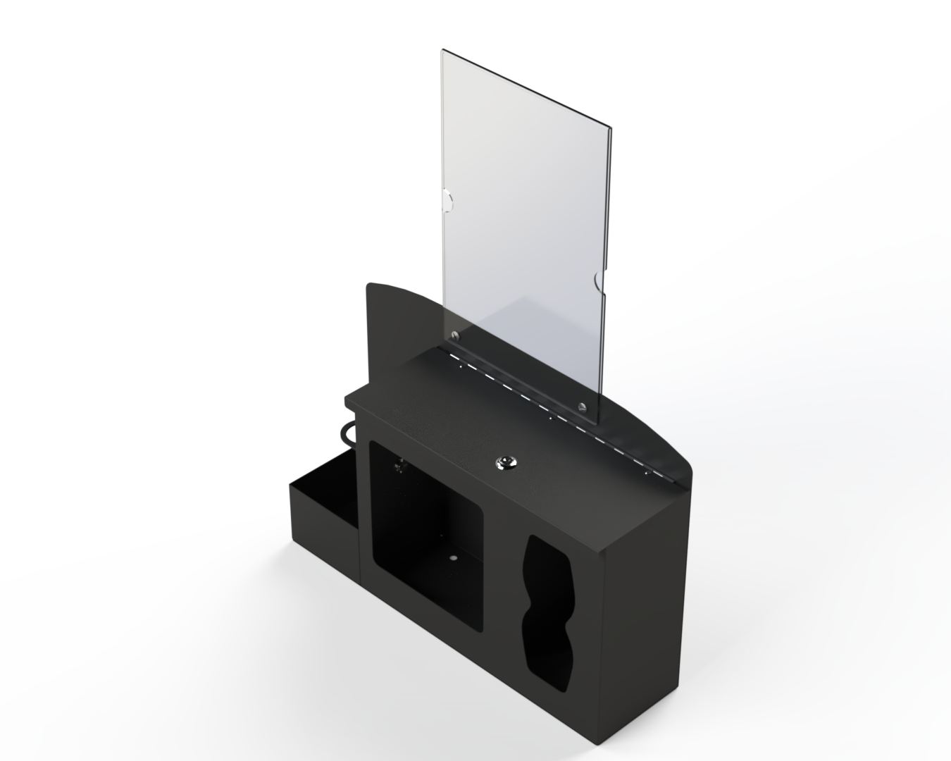 Black respiratory hygiene station with sign holder with 3 segments. left-locking bottle area, middle mask section, right tissue section. Front Facing angled to the left. Empty. 