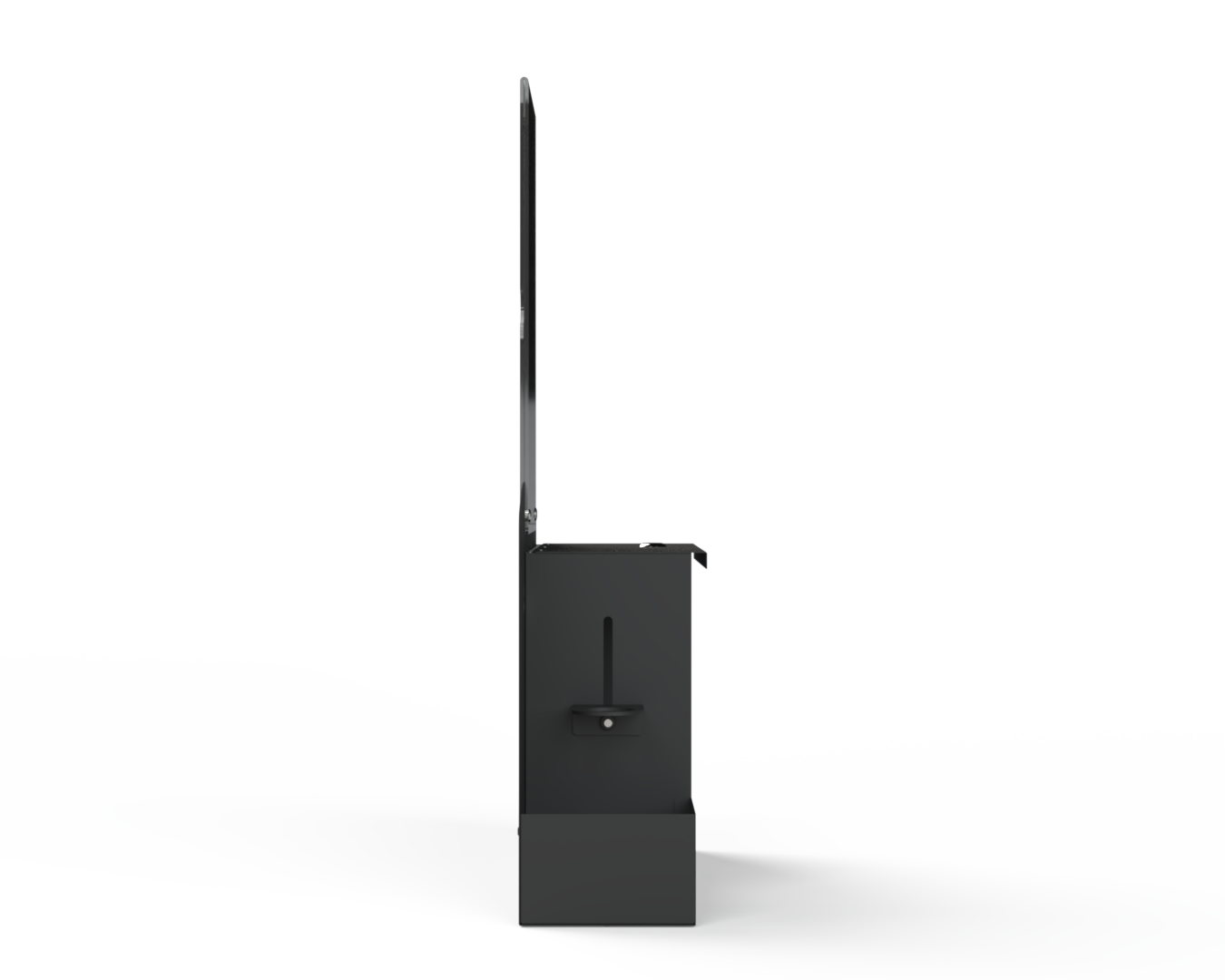 Black respiratory hygiene station with  Right side Facing showing bottle holder. Empty