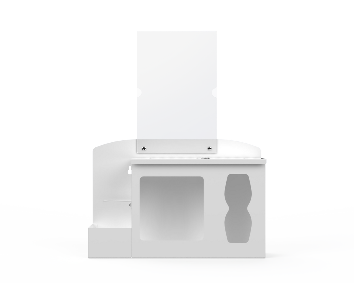 White respiratory hygiene station with sign holder with 3 segments. Left-locking bottle area, middle mask section, right tissue section. Front Facing. Empty