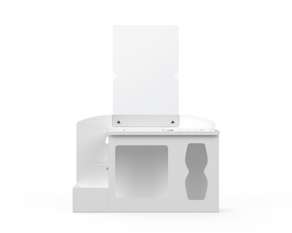 White respiratory hygiene station with sign holder with 3 segments. Left-locking bottle area, middle mask section, right tissue section. Front Facing. Empty