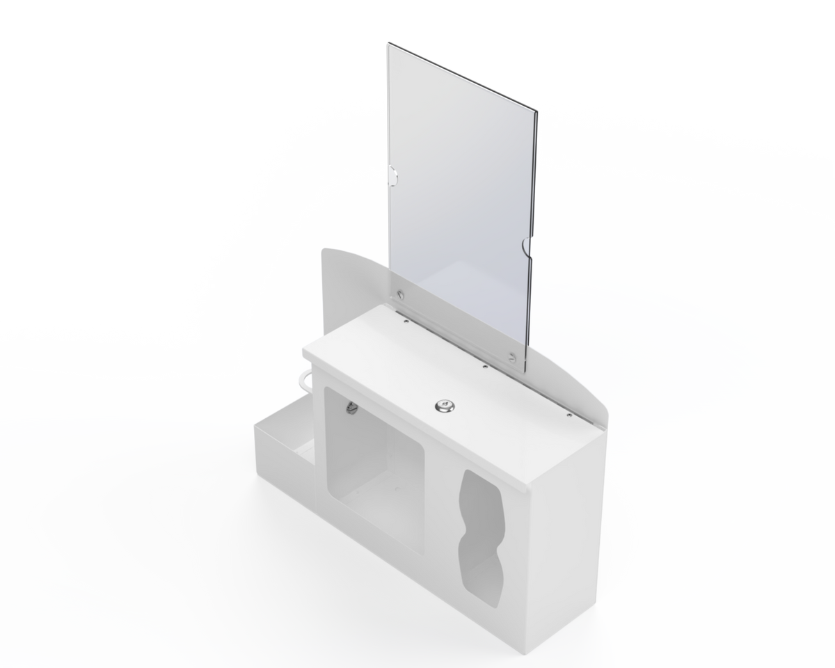 White respiratory hygiene station with sign holder with 3 segments. Left-locking bottle area, middle mask section, right tissue section. Front Facing slightly left. Empty
