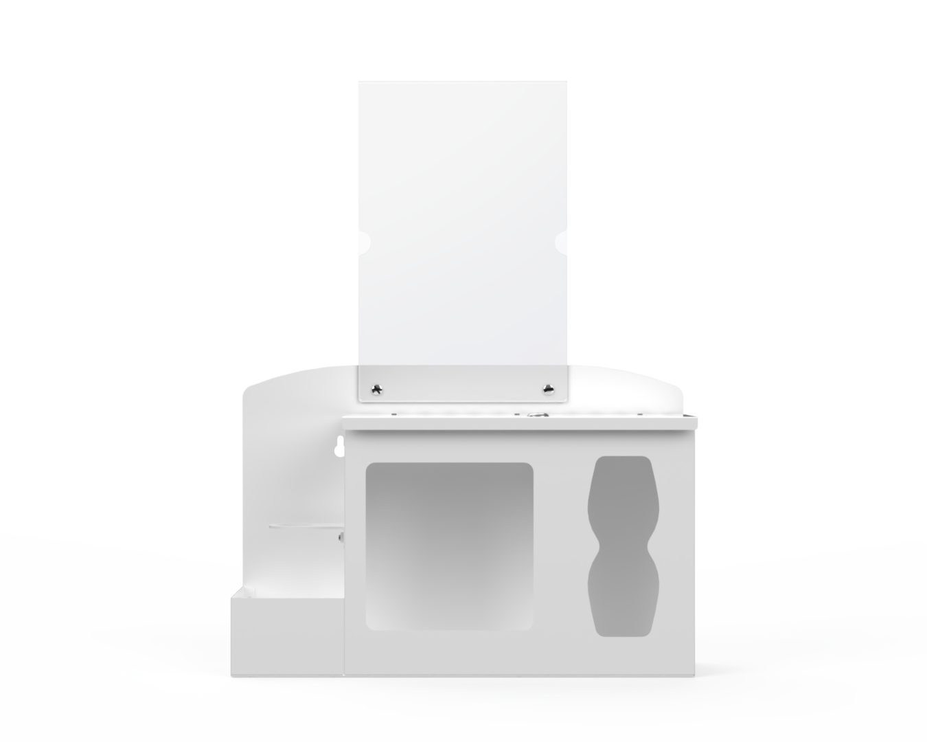 White respiratory hygiene station with sign holder with 3 segments. Left-locking bottle area, middle mask section, right tissue section. Front Facing. Empty