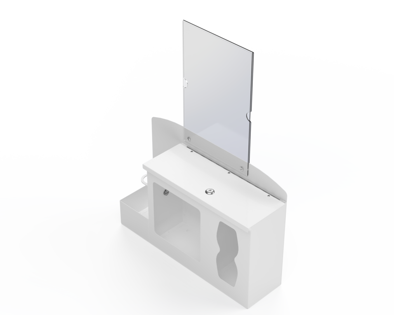 White respiratory hygiene station with sign holder with 3 segments. Left-locking bottle area, middle mask section, right tissue section. Front Facing slightly left. Empty