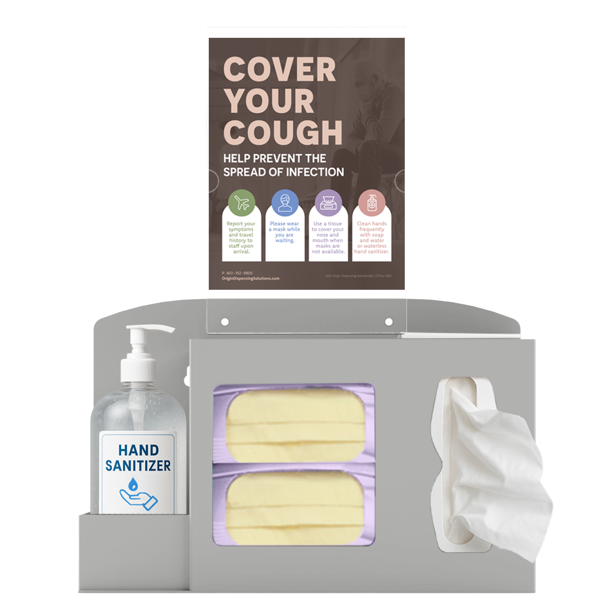 Respiratory Hygiene Station. Beige ABS plastic Flu Station with sign holder and Cover Your Cough sign. 3 sections are holding bottle of hand sanitizer, two boxes of earloop face masks, and tissues. Unit is front facing.