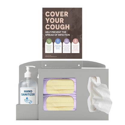 Respiratory Hygiene Station. Beige ABS plastic Flu Station with sign holder and Cover Your Cough sign. 3 sections are holding bottle of hand sanitizer, two boxes of earloop face masks, and tissues. Unit is front facing.