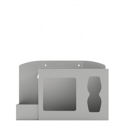 Respiratory Hygiene Station. Beige ABS plastic Flu Station with sign holder. 3 sections to accommodate bottle of hand sanitizer, earloop face masks, and tissues. Unit empty, and front facing.