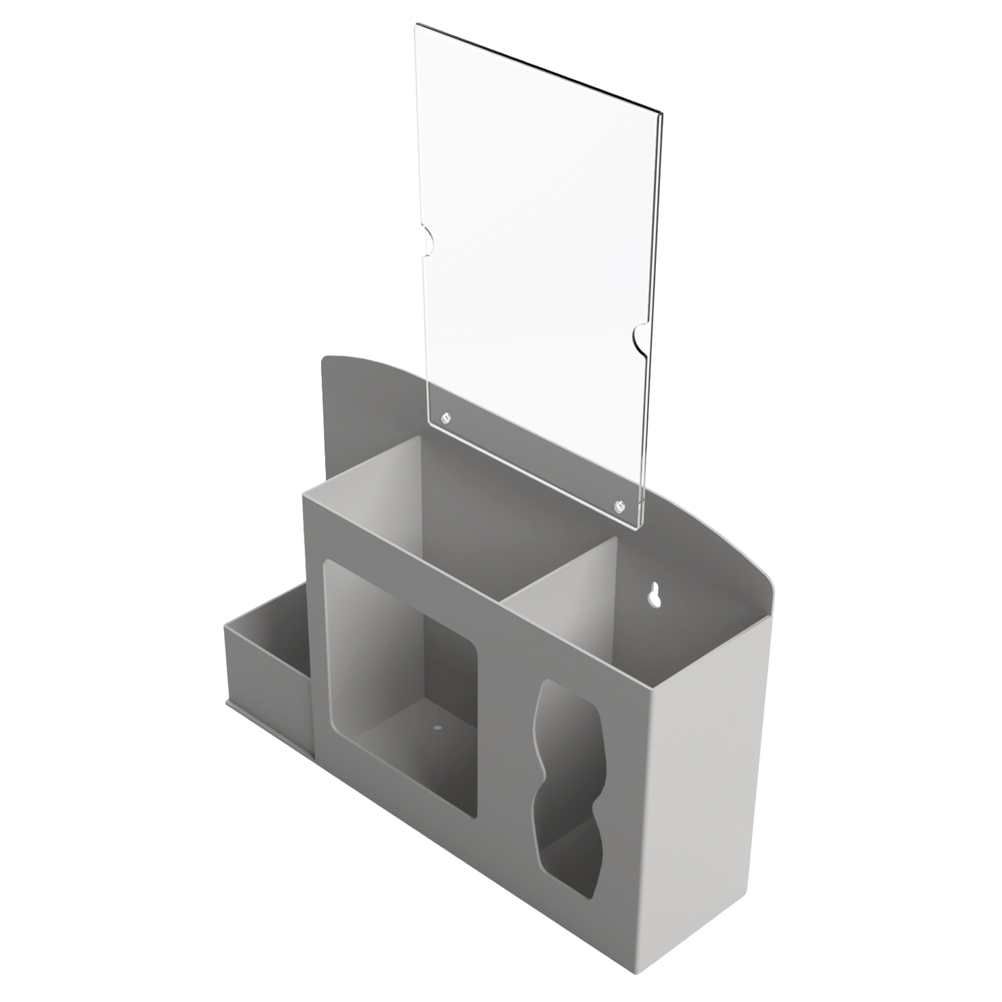 Respiratory Hygiene Station. Beige ABS plastic Flu Station with sign holder. 3 sections to accommodate bottle of hand sanitizer, earloop face masks, and tissues. Unit empty, and front facing slightly left angled.