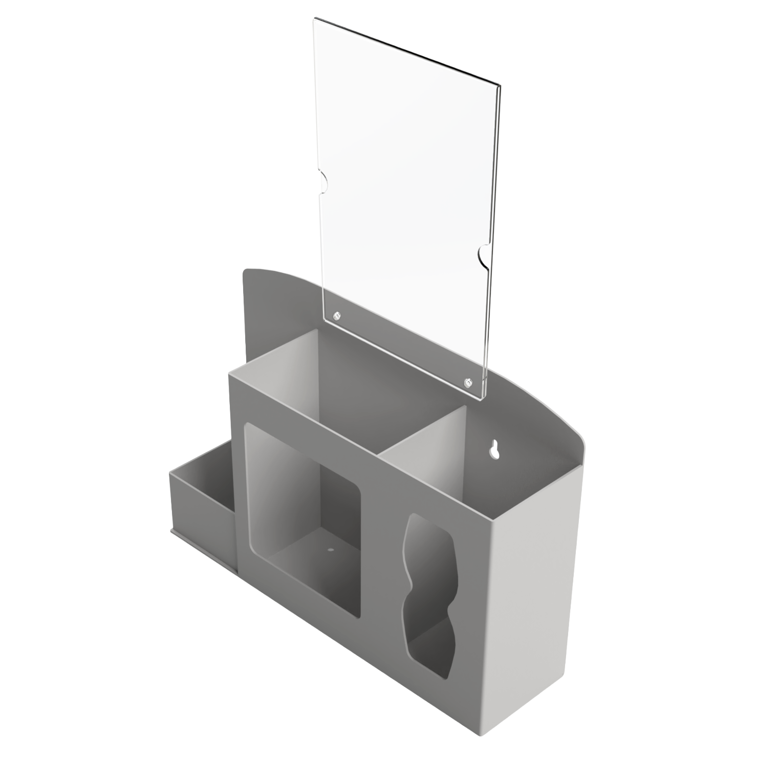 Respiratory Hygiene Station. Beige ABS plastic Flu Station with sign holder. 3 sections to accommodate bottle of hand sanitizer, earloop face masks, and tissues. Unit empty, and front facing slightly left angled.