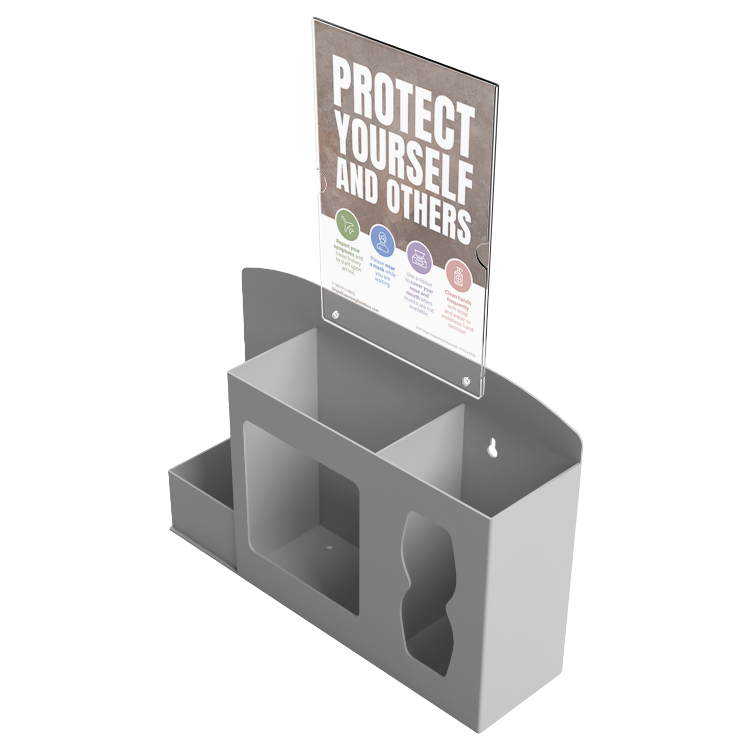Respiratory Hygiene Station. Beige ABS plastic Flu Station with sign holder and "Protect Yourself and Others" sign. 3 sections to accommodate bottle of hand sanitizer, earloop face masks, and tissues. Unit empty, and front facing slightly left angled.