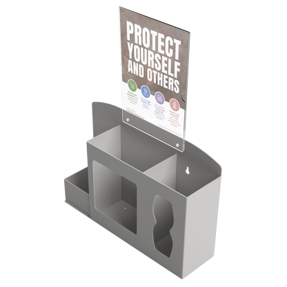 Respiratory Hygiene Station. Beige ABS plastic Flu Station with sign holder and "Protect Yourself and Others" sign. 3 sections to accommodate bottle of hand sanitizer, earloop face masks, and tissues. Unit empty, and front facing slightly left angled.