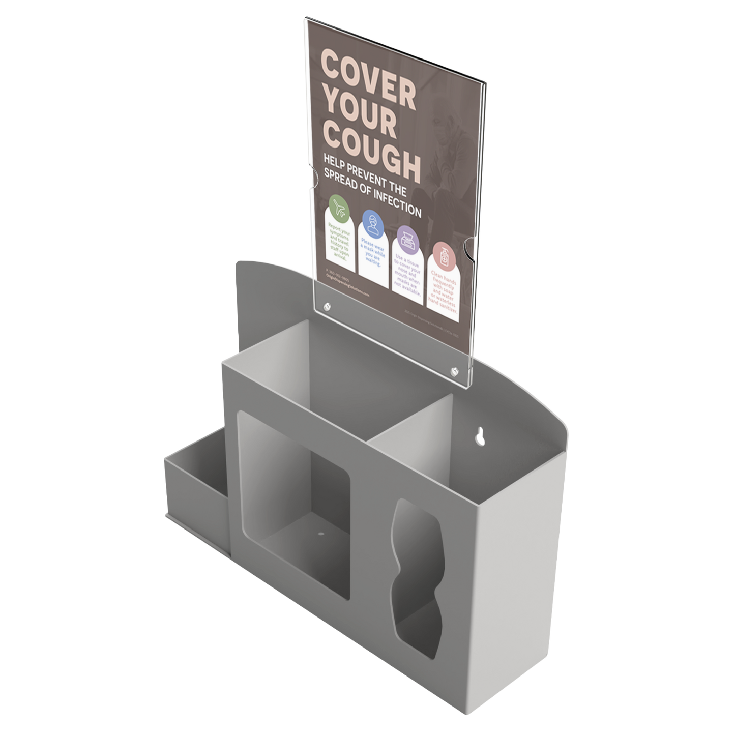 Respiratory Hygiene Station. Beige ABS plastic Flu Station with sign holder and Cover Your Cough sign. 3 sections to accommodate bottle of hand sanitizer, earloop face masks, and tissues. Unit empty, and front facing slightly left angled.