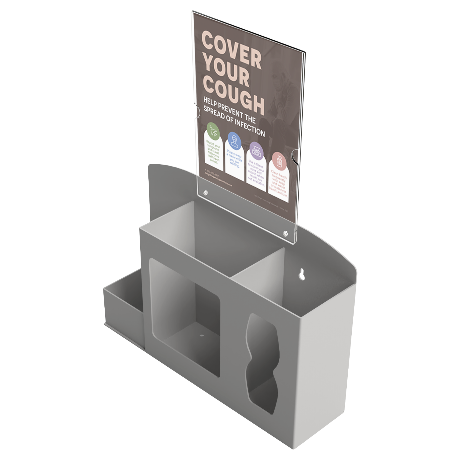 Respiratory Hygiene Station. Beige ABS plastic Flu Station with sign holder and Cover Your Cough sign. 3 sections to accommodate bottle of hand sanitizer, earloop face masks, and tissues. Unit empty, and front facing slightly left angled.