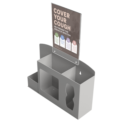 Respiratory Hygiene Station. Beige ABS plastic Flu Station with sign holder and Cover Your Cough sign. 3 sections to accommodate bottle of hand sanitizer, earloop face masks, and tissues. Unit empty, and front facing slightly left angled.