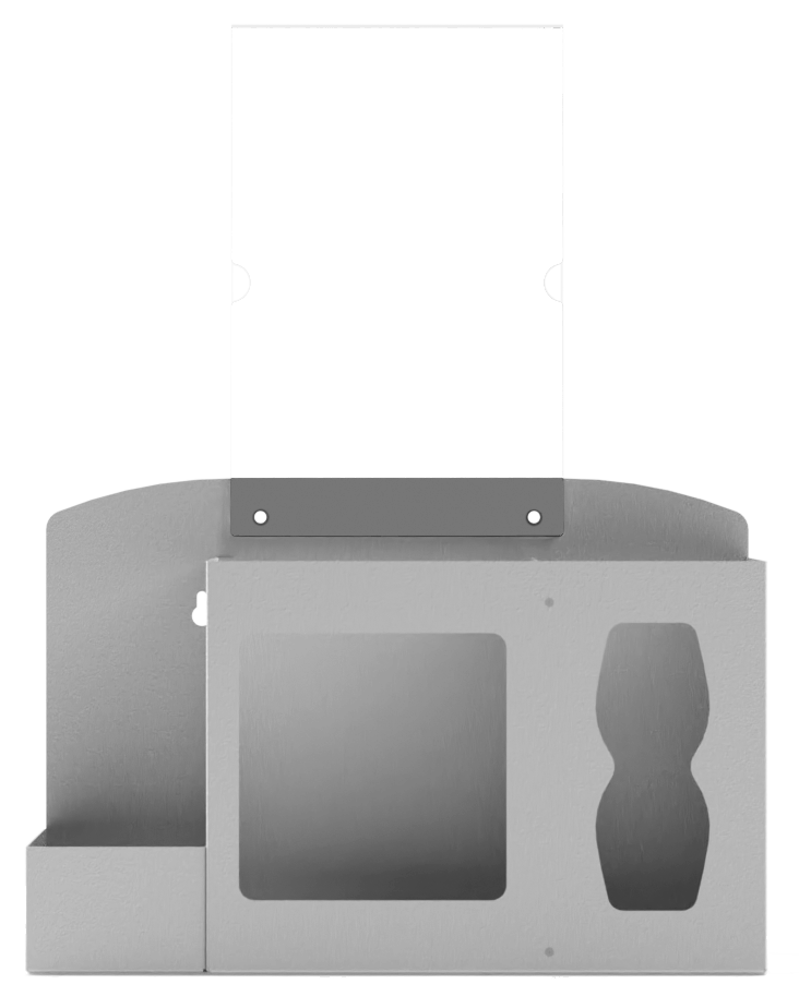 Respiratory Hygiene Station. Beige ABS plastic Flu Station with sign holder. 3 sections to accommodate bottle of hand sanitizer, earloop face masks, and tissues. Unit empty and front facing.