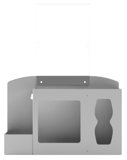 Respiratory Hygiene Station. Beige ABS plastic Flu Station with sign holder. 3 sections to accommodate bottle of hand sanitizer, earloop face masks, and tissues. Unit empty and front facing.